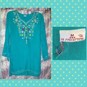 Unknown brand Teal Grn-Blue w/Multiclr Floral Embroidery Woven Tunic Top Sz Med
